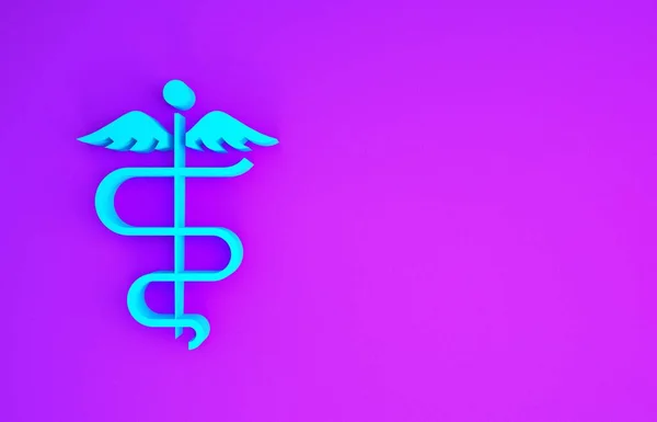 Blue Caduceus snake medical symbol icon isolated on purple background. Medicine and health care. Emblem for drugstore or medicine, pharmacy. Minimalism concept. 3d illustration 3D render