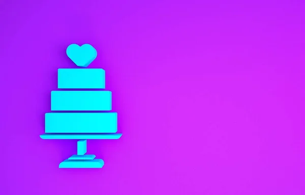 紫色の背景にハートアイコンで隔離されたブルーウェディングケーキ 最小限の概念 3Dイラスト3Dレンダリング — ストック写真