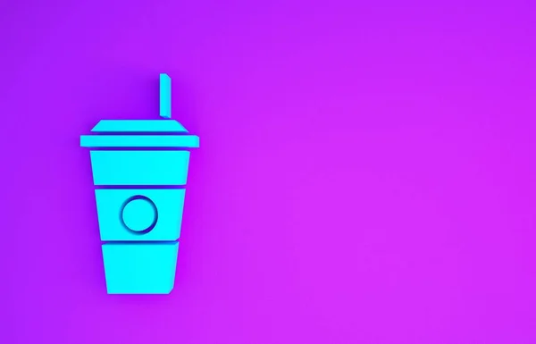 紫色の背景に隔離されたブルーコーヒーカップアイコン ホットコーヒー付きの使い捨てコーヒーカップ 最小限の概念 3Dイラスト3Dレンダリング — ストック写真