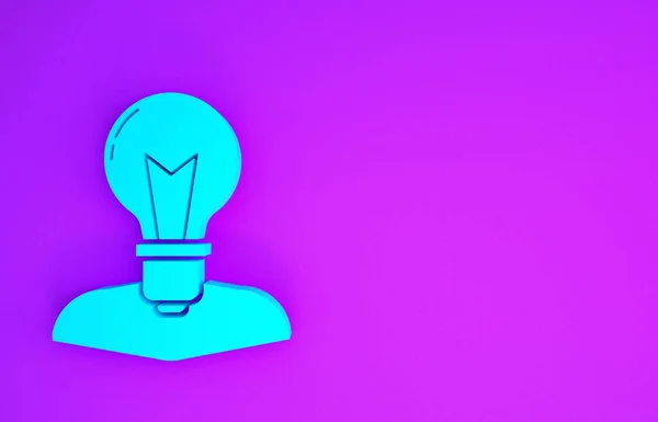 Blue Human head with lamp bulb icon isolated on purple background. Minimalism concept. 3d illustration 3D render