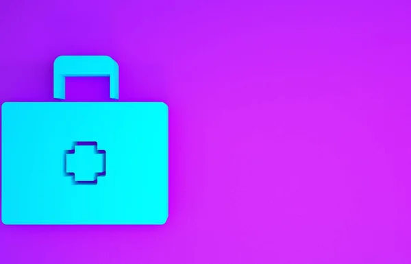 蓝色急救箱图标隔离在紫色背景 有交叉的医疗盒紧急医疗设备 卫生保健概念 最低纲领的概念 3D渲染3D插图 — 图库照片