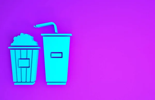 纸盒和纸杯中的蓝色爆米花 酒用吸管和水图标隔离在紫色背景下 苏打水 最低纲领的概念 3D说明3D — 图库照片