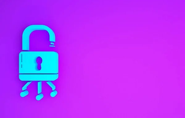 Blue Cyber security icon isolated on purple background. Closed padlock on digital circuit board. Safety concept. Digital data protection. Minimalism concept. 3d illustration 3D render