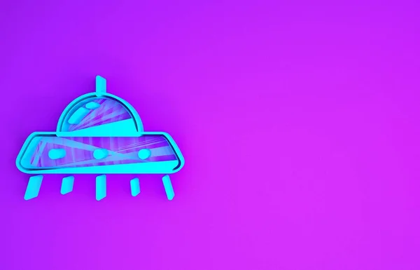 紫色の背景に隔離された青いUfo飛行宇宙船のアイコン 空飛ぶ円盤 宇宙船だ 未来的な未知の飛行物体 最小限の概念 3Dイラスト3Dレンダリング — ストック写真