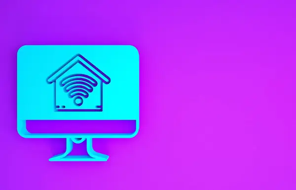 Blauer Computermonitor Mit Smart Home Mit Wlan Symbol Auf Violettem — Stockfoto