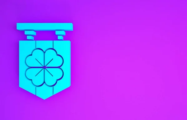 Blue Street signboard with four leaf clover icon isolated on purple background. Suitable for advertisements bar, cafe, pub. Minimalism concept. 3d illustration 3D render