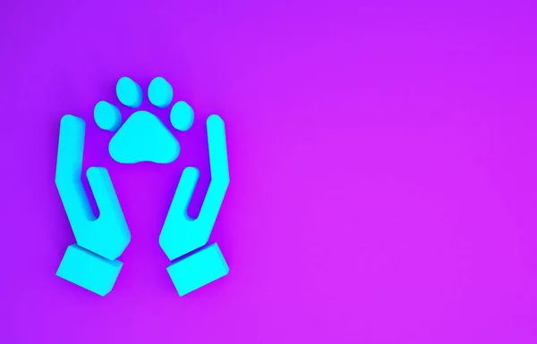 動物の足跡アイコンが紫色の背景に隔離された青の手 ペットの足を中心に 動物への愛 最小限の概念 3Dイラスト3Dレンダリング — ストック写真