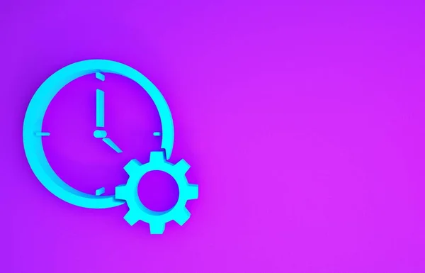 蓝色时间管理图标隔离在紫色背景 时钟和齿轮的标志 生产力的象征 最低纲领的概念 3D渲染3D插图 — 图库照片