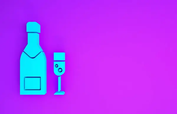ブルーシャンパンボトルとシャンパンのガラスのアイコンは 紫色の背景に隔離されています メリークリスマスとハッピーニューイヤー 最小限の概念 3Dイラスト3Dレンダリング — ストック写真