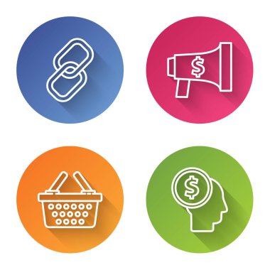 Hat zinciri, megafon ve dolar, alışveriş sepeti ve iş adamı zihin planlaması. Renkli daire düğmesi. Vektör