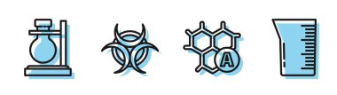 Çizgi kimyasal formülü, deney tüpü şişesi, biyolojik tehlike sembolü ve laboratuvar cam süslemesi ya da deney şişesi ikonu. Vektör
