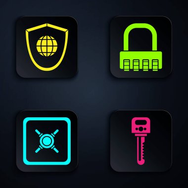 Anahtar, Kalkan 'ı dünya küresi, güvenli ve güvenli şifreli kilitle. Siyah kare düğme. Vektör
