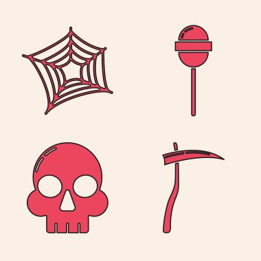 Tırpan, Örümcek Ağı, Lolipop ve Kurukafa simgesini ayarla. Vektör