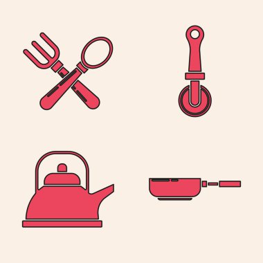 Kızartma tavasını, çapraz çatal ve kaşığı, pizza bıçağını ve ikonlu çaydanlığı hazırla. Vektör