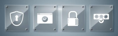 Şifre koruması ve güvenlik erişimini ayarla, güvenlik kilidini kilitle, siteni Https, Ssl ve Shield ile kilitle. Kare cam paneller. Vektör