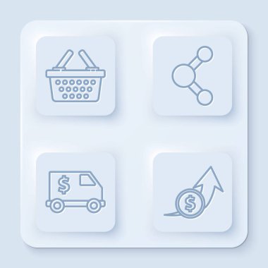 Alış veriş sepeti, Paylaşım, Zırhlı Araç ve Mali büyüme ve madeni para. Beyaz kare düğme. Vektör