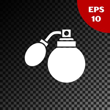 Atom simgesi olan beyaz tıraş losyonu şişesi şeffaf koyu arkaplanda. Parfüm spreyi ikonu. Erkek parfüm şişesi. Vektör İllüstrasyonu