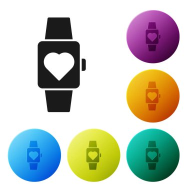 Orta bilekteki Kara Kalp saat simgesi beyaz arkaplanda izole edilmiş. Sevgililer Günü. Renkli daire düğmelerini ayarlayın. Vektör İllüstrasyonu