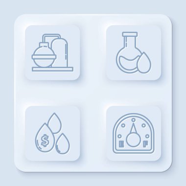 Petrol ve gaz endüstriyel fabrika binası petrol test tüpü dolar sembollü yağ damlası ve motor benzin göstergesi. Beyaz kare düğme. Vektör