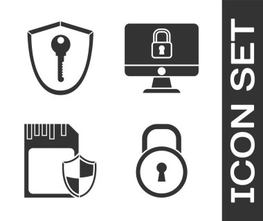 Kilit, Kalkan 'ı anahtar, Sd kartı, kalkan ve Lock' u bilgisayar ekranı simgesine ayarla. Vektör