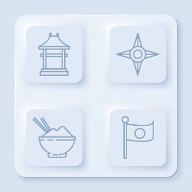 Japon geçidi, Japon ninja shuriken, çubuklu pilav kasesi ve direkte Japonya bayrağı. Beyaz kare düğme. Vektör