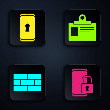 Akıllı telefonu kapalı kilit, akıllı telefonu kilit, tuğla ve kimlik kartı ile ayarla. Siyah kare düğme. Vektör