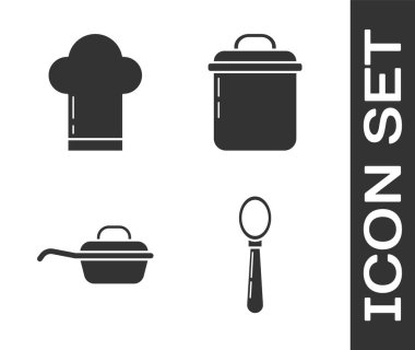 Hazır kaşık, şef şapkası, kızartma tavası ve tencere ikonu. Vektör