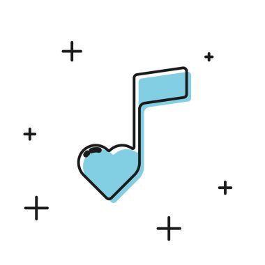 Siyah müzik notası, beyaz arkaplanda izole edilmiş kalp simgesi olan ton. Sevgililer Günü. Vektör İllüstrasyonu