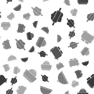 Yuvarlak toka, bir tepsi yiyecekle kaplanmış tost makinası ve dikişsiz meyve sıkacağı. Vektör