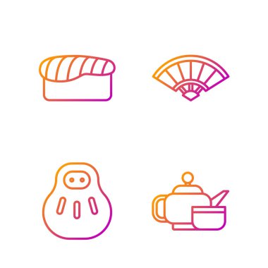 Japon çay seremonisi, Maneki Neko kedisi, Suşi ve Kağıt Çin yemeği veya Japon fanı. Renk simgeleri. Vektör