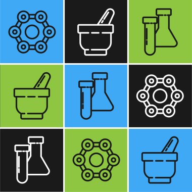 Chemical formülü, test tüpü ve matara kimyasalı ve havan topu ve tokmak simgesini ayarla. Vektör