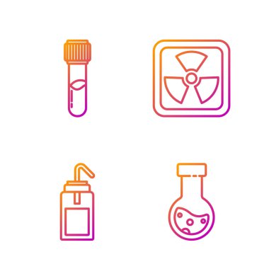 Test tüpü ve matara kimyasalı, laboratuvar yıkama şişesi, test tüpü, matara kimyasalı ve radyoaktifi ayarlayın. Renk simgeleri. Vektör