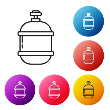 Siyah çizgi propan gazı tankı ikonu beyaz arkaplanda izole edildi. Yanabilir benzin deposu ikonu. Renkli daire düğmelerini ayarlayın. Vektör İllüstrasyonu