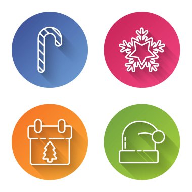 Çizgili Noel şekeri, kar tanesi, takvim ve Noel Baba şapkası. Renkli daire düğmesi. Vektör