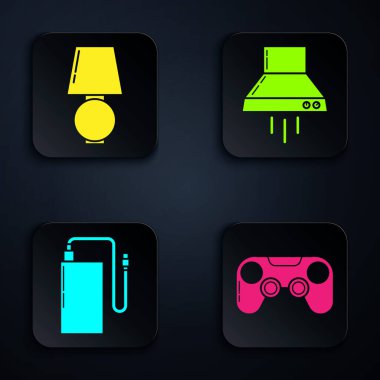 Gamepad 'i, masa lambasını, elektrik kablosunu ve mutfak vantilatörünü ayarla. Siyah kare düğme. Vektör