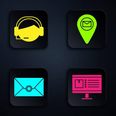 Bilgisayar monitörünü uygulama dağıtım takibi, iletişim operatörü, Zarf ve Yer Tutucu 'yu harita kağıdına yerleştir. Siyah kare düğme. Vektör