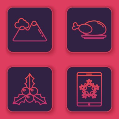 Line Mountains, Branch Viburnum veya guelder rose, kavrulmuş hindi veya tavuk ve Noel akıllı telefon ve kar tanesinde. Mavi kare düğme. Vektör