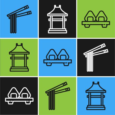 Asya erişteleri, yemek çubukları, kesme tahtasındaki suşi ve Japon kapı ikonu. Vektör