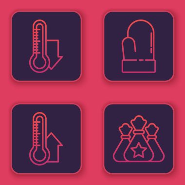 Meteoroloji termometresi, Meteoroloji termometresi ölçümü, Noel eldiveni ve Noel Baba çantası hediyesini ayarla. Mavi kare düğme. Vektör