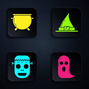 Set Ghost, Cadılar Bayramı cadı kazanı, Zombi maskesi ve Cadı şapkası. Siyah kare düğme. Vektör