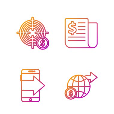 Dünya 'yı dolar, akıllı telefon, cep telefonu dolar sembollü hedef ve finansal haberlerle donatın. Renk simgeleri. Vektör