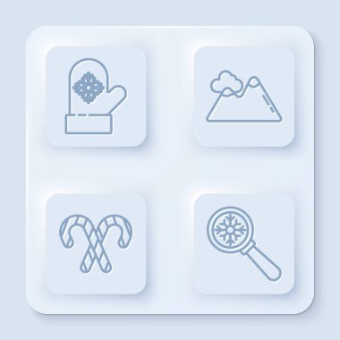 Çizgili Noel eldiveni, dağlar, çizgili Noel şekeri bastonu ve kar taneli büyüteç. Beyaz kare düğme. Vektör