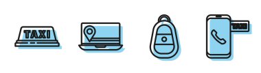 Hat anahtarını uzaktan kumandalı, taksi arabasının tavanına, konum işaretli dizüstü bilgisayara ve taksi servisinin telefon servis simgesine ayarla. Vektör