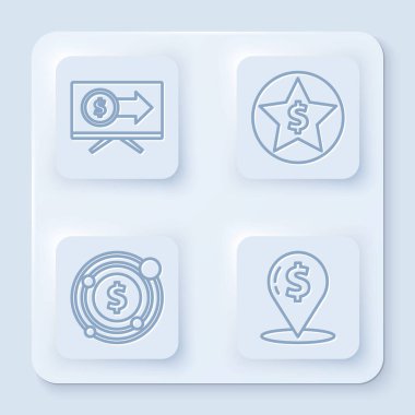 Dolar, Yıldız ve Dolar, Dolar sembolü ve Cash lokasyon rozeti olan bir hedef belirle. Beyaz kare düğme. Vektör