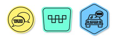 Taksi durağı, telefon servisi, taksi durağı ve taksi arabası. Renkli şekiller. Vektör