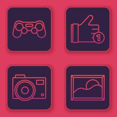 Gamepad 'i, fotoğraf makinesini, Hand Like ve Picture manzarasını ayarla. Mavi kare düğme. Vektör