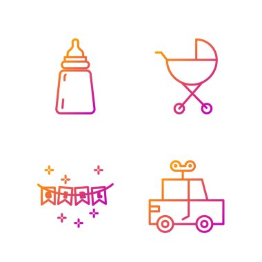 Çizgili oyuncak araba, bayraklı karnaval çelengi, bebek şişesi ve bebek arabası. Renk simgeleri. Vektör