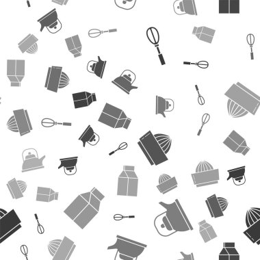 Mutfak çırpıcısını, sapı kettle 'ı, meyve sıkacağını ve süt paketini pürüzsüz desenli olarak ayarla. Vektör