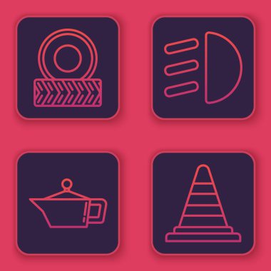 Hat tekerleği, motor yağı tenekesi, yüksek ışın ve trafik konisi. Mavi kare düğme. Vektör