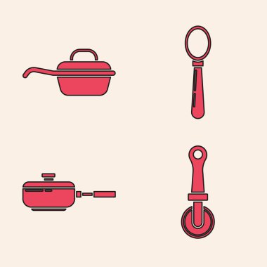 Pizza bıçağı, kızartma tavası, kaşık ve tava ikonu hazırla. Vektör
